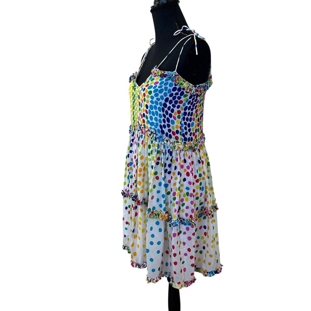 All Things Mochi Rainbow Mini Dress Polkadot Silk Chiffon Ruffle Designer $365 - Picture 12 of 14